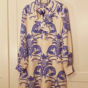 Gucci Ivory and Blue Dragon Print Silk Dress- Size 42